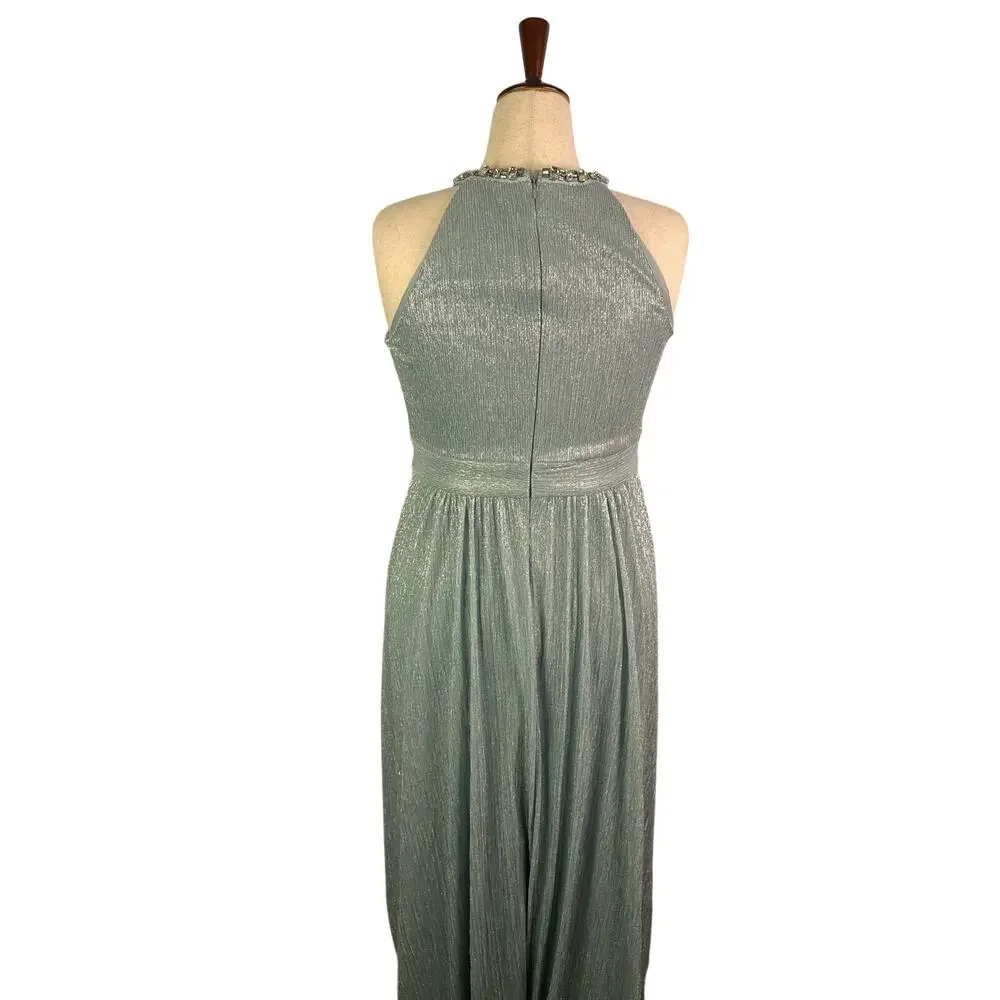 Eliza J Women's Formal Dress Size 12 Blue Metallic Beaded Halter Evening Gown - Picture 4 of 8